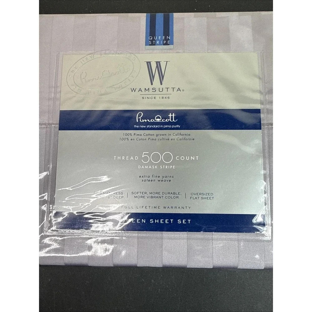 RARE Wamsutta PimaCott Queen Size 500 Thread Count Damask Stripe Sheet Set Purpl